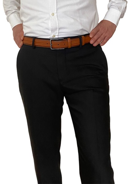 , 2'li Set Siyah, Tosado Dikişli Örgü Baskılı Kumaş Pant. Kemeri 3.5 Cm_örgü.bas