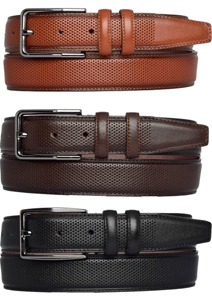 , 3'lü Set Siyah, Kızıl Taba, Koyu Kahve Dikişli Kumaş Pant. Kemeri 3.5 Cm_noktalı