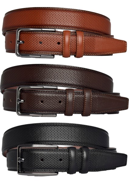 , 3'lü Set Siyah, Kızıl Taba, Koyu Kahve Dikişli Kumaş Pant. Kemeri 3.5 Cm_noktalı