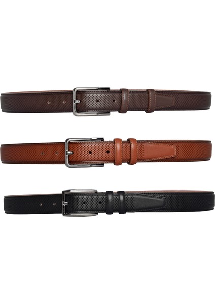 , 3'lü Set Siyah, Kızıl Taba, Koyu Kahve Dikişli Kumaş Pant. Kemeri 3.5 Cm_noktalı
