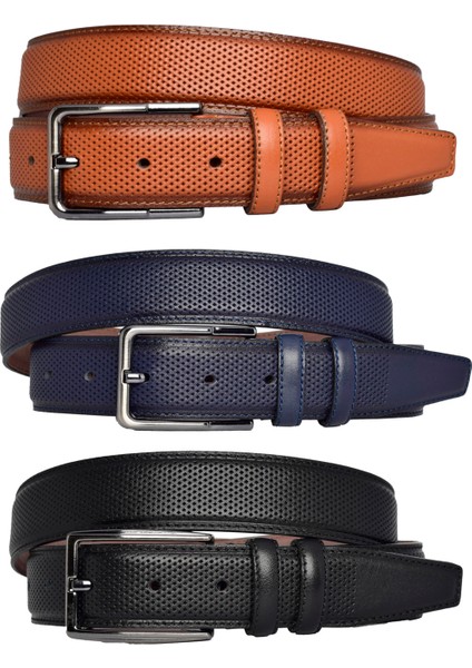 , 3'lü Set Siyah, Açık Taba, Lacivert Dikişli Kumaş Pant. Kemeri 3.5 Cm_noktalı