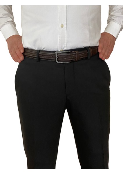 Hakiki Deri, 2'li Set Siyah, Koyu Kahve Dikişli Örgü Baskılı Kumaş Pant. Kemeri 3.5 Cm_örgü.bas
