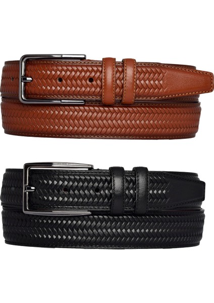 , 2'li Set Siyah, Tosado Dikişli Örgü Baskılı Kumaş Pant. Kemeri 3.5 Cm_örgü.bas