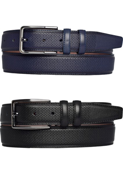 Hakiki Deri, 2'li Set Siyah, Lacivert Dikişli Nokta Baskılı Kumaş Pant. Kemeri 3.5 Cm_noktalı