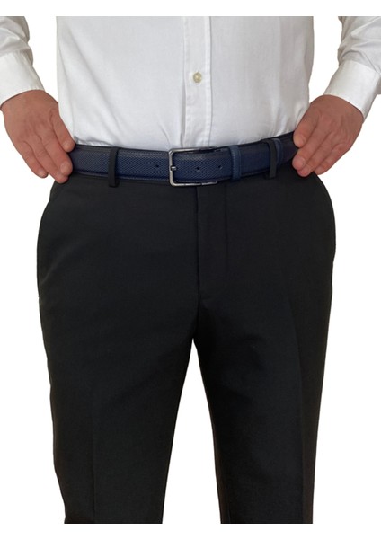 Hakiki Deri, 2'li Set Siyah, Lacivert Dikişli Nokta Baskılı Kumaş Pant. Kemeri 3.5 Cm_noktalı