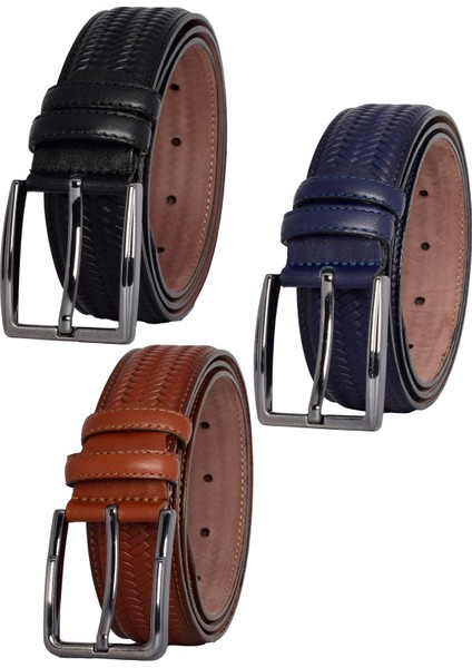 , 3'lü Set Siyah, Lacivert, Tosado, Örgü Baskılı Kumaş Pant. Kemeri 3.5 Cm_örgü.bas