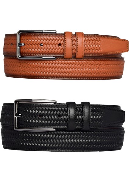 , 2'li Set Siyah, Açık Taba Dikişli Örgü Baskılı Kumaş Pant. Kemeri 3.5 Cm_örgü.bas