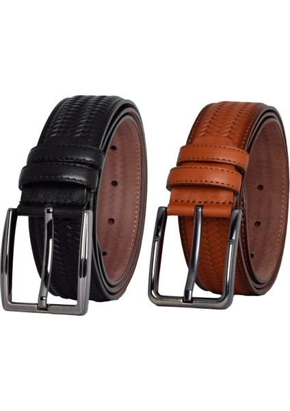 , 2'li Set Siyah, Açık Taba Dikişli Örgü Baskılı Kumaş Pant. Kemeri 3.5 Cm_örgü.bas fiyatları