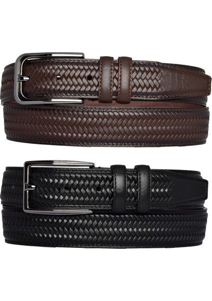 , 2'li Set Siyah, Koyu Kahve Dikişli Örgü Baskılı Kumaş Pant. Kemeri 3.5 Cm_örgü.bas
