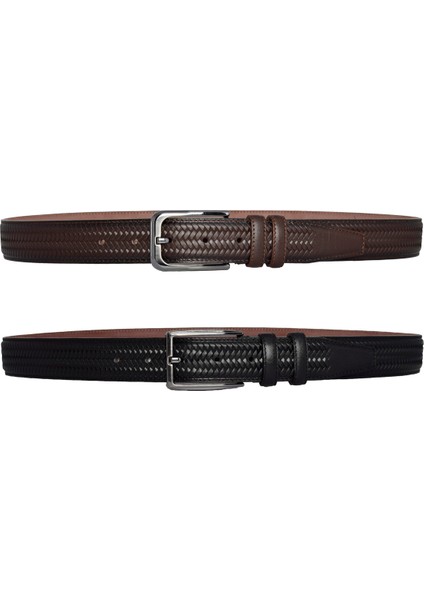 , 2'li Set Siyah, Koyu Kahve Dikişli Örgü Baskılı Kumaş Pant. Kemeri 3.5 Cm_örgü.bas modelleri