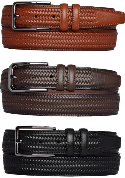 , 3'lü Set Siyah, Koyu Kahve, Tosado, Örgü Baskılı Kumaş Pant. Kemeri 3.5 Cm_örgü.ba