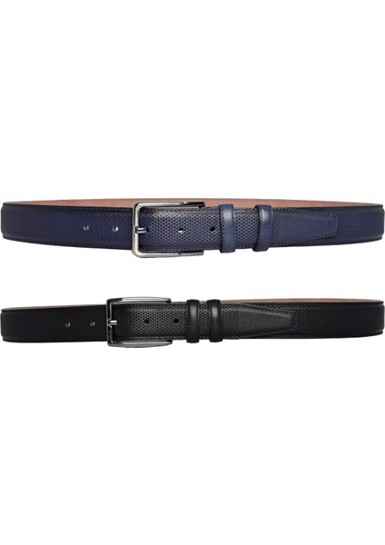 , 2'li Set Siyah, Lacivert Dikişli Nokta Baskılı Kumaş Pant. Kemeri 3.5 Cm_noktalı modelleri