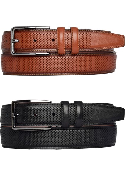 Hakiki Deri, 2'li Set Siyah, Kızıl Taba Dikişli Nokta Baskılı Kumaş Pant. Kemeri 3.5 Cm_noktalı