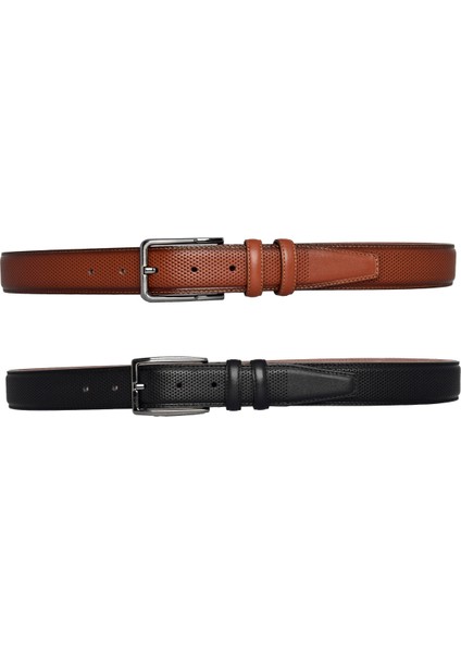 Hakiki Deri, 2'li Set Siyah, Kızıl Taba Dikişli Nokta Baskılı Kumaş Pant. Kemeri 3.5 Cm_noktalı modelleri