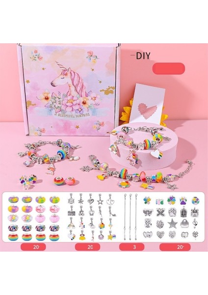 Renkli Kristal Boncuklu Bilezik Diy Çocuk Takı Tek Boynuzlu At Hediye Kutusu Takı Seti (Yurt Dışından)