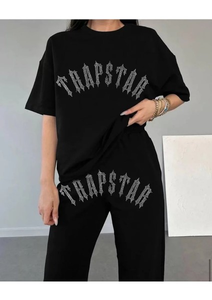 Unisex Taşlı T-Shirt ve Eşofman Takımı - Siyah