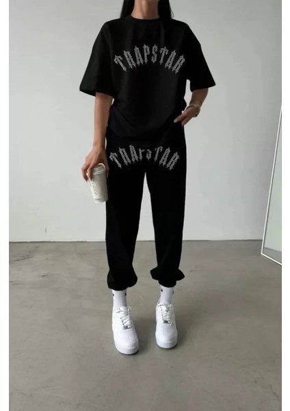 Unisex Taşlı T-Shirt ve Eşofman Takımı - Siyah fiyatları