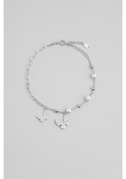 Kelebek Etkisi 18AYAR Beyaz Altın Kaplama 21 cm Gümüş Inci Bileklik