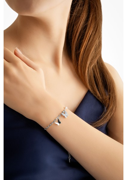 Kelebek Etkisi 18AYAR Beyaz Altın Kaplama 21 cm Gümüş Inci Bileklik modelleri