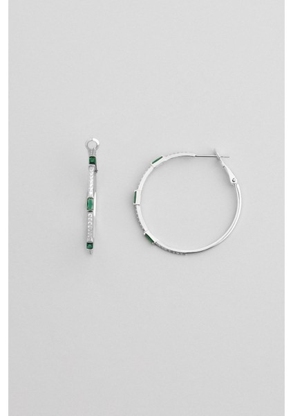 Yeşil Baget Taşlı 18 Ayar Beyaz Altın Kaplama Gümüşş Halka Küpe