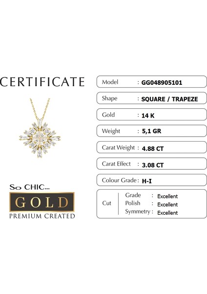 14 Ayar Sarı Altın Sertifikalı Premium Created Taşlı Baget Kolye