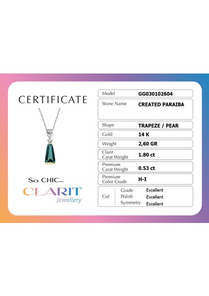 So CHIC Created Paraiba Taşlı Clarit Serisi 14 Ayar Sarı Altın Trapez Kolye