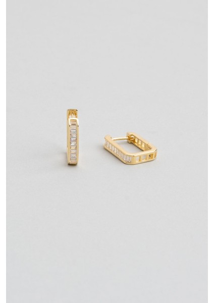 Baget Taşlı 18 Ayar Sarı Altın Kaplama Gümüş Kare Küpe