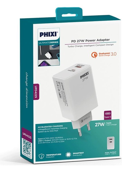 Ultimate UPD4225 27W Pd Çift Çıkışlı Hızlı Şarj Adaptörü