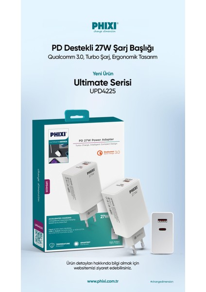 Ultimate UPD4225 27W Pd Çift Çıkışlı Hızlı Şarj Adaptörü