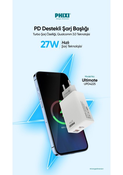 Ultimate UPD4225 27W Pd Çift Çıkışlı Hızlı Şarj Adaptörü