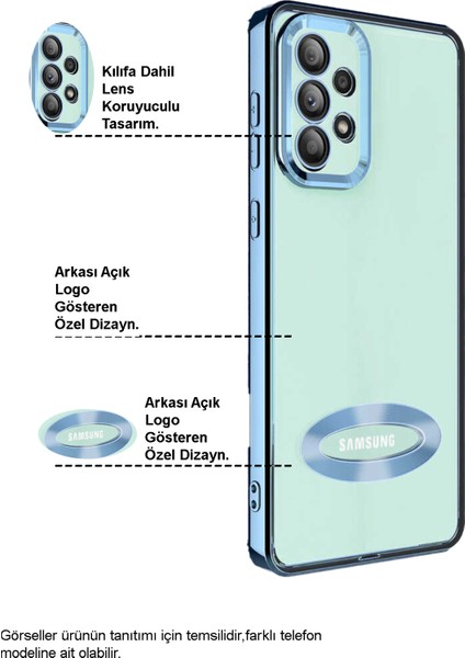 Samsung Galaxy S23FE Kapak Yanları Renkli Lens Korumalı Logo Gösteren Şeffaf Luxury Silikon Kılıf - Mavi