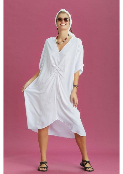 V Yaka Önü Düğümlü Yarasa Kol Elbise