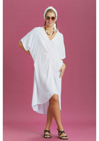 V Yaka Önü Düğümlü Yarasa Kol Elbise modelleri