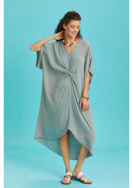 V Yaka Önü Düğümlü Yarasa Kol Elbise