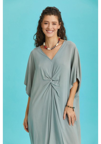 V Yaka Önü Düğümlü Yarasa Kol Elbise fiyatları