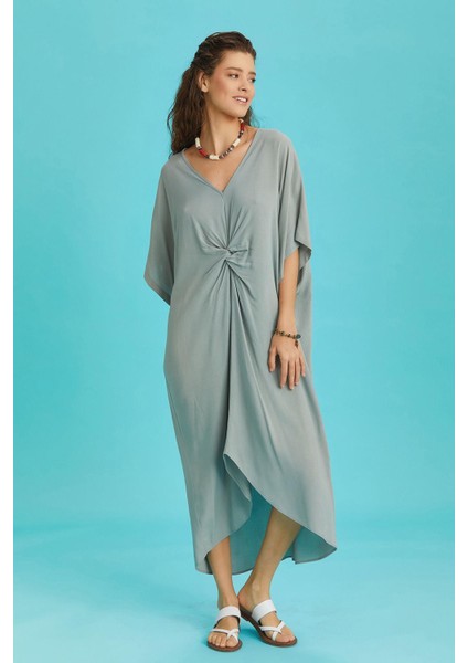 V Yaka Önü Düğümlü Yarasa Kol Elbise modelleri