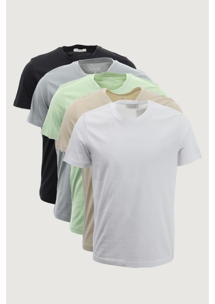 Erkek Slim Fit Dar Kesim Bisiklet Yaka 5/'li Basic T-Shirt Paketi Yeşil