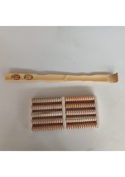 (2li Set) Ahşap 10 Tekerlekli Ayak Altı Masaj Aleti ve Ahşap Sırt Kaşıyıcı Set