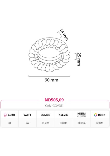 Sıva Altı Cam Spot Krom ND505