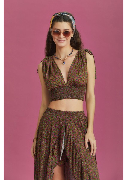 Derin V Yaka Dekolte Desenli Yazlık Bluz