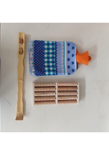 (3 Lü Set) 2 Litre Peluşlu Sıcak Su Torbası , Ahşap Ayak Altı Masaj Aleti , Sırt Kaşıma Aleti