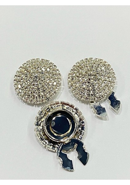Taşlı Düğme /taşlı Klipsli Düğme/ 3 Lü Set/ 2,7 cm Gümüş