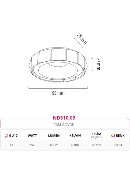 Sıva Altı Cam Spot Krom ND510