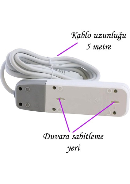 Anahtarlı Kablolu 3'lü Topraklı Çoklu Grup Priz Çoğaltma Üçlü Fiş Piriz 5 Metre