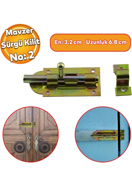 Mavzer Sürgü No:2 Kilit Kadmiyum 32X68 mm Ahşap Pvc Demir Kapı Pencere Emniyet Mandalı Kilidi