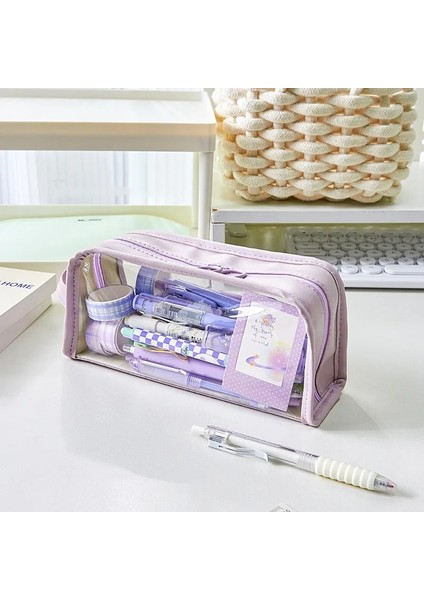 Mor Tarzı Sadelik Kalem Kutusu Düz Renk Kore Moda Kalem Çantası Şeffaf Görünür Yüksek Kapasiteli Kırtasiye Saklama Çantası Öğrenci (Yurt Dışından)