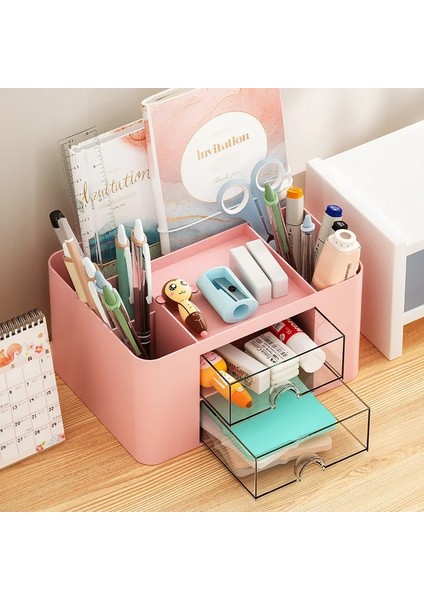 Mavi Stil Basit Düz Renk Kalemlik 2 Çekmeceli Büyük Kapasiteli Çok Fonksiyonlu Kırtasiye Malzemesi Saklama Kutusu Öğrenci Ofis Masa Üstü Organiser (Yurt Dışından) fırsatları