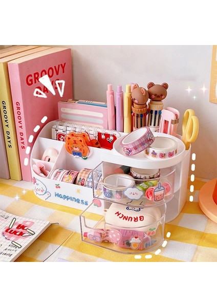 BEYAZ02 Tarzı Kawaii Masaüstü Kalemlik Büyük Kapasiteli Kırtasiye Organizatör Saklama Kutusu Sevimli Karikatür Kalemlik Çeşitli Eşyalar Masa Düzenleyici (Yurt Dışından) fırsatları