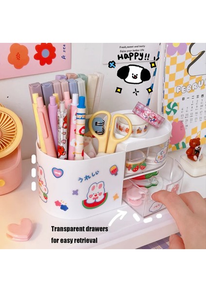 BEYAZ02 Tarzı Kawaii Masaüstü Kalemlik Büyük Kapasiteli Kırtasiye Organizatör Saklama Kutusu Sevimli Karikatür Kalemlik Çeşitli Eşyalar Masa Düzenleyici (Yurt Dışından) indirimleri