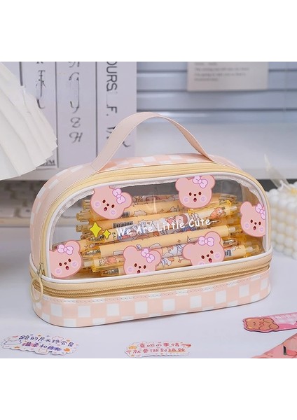 Sarı Stil Kawaii Çift Katmanlar Kalem Kutusu Kalem Çantası Büyük Kapasiteli Pu + Pvc Sevimli Kırtasiye Okul Malzemeleri Doğum Günü Tatil Hediyesi (Yurt Dışından)